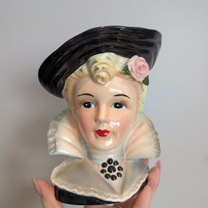Vintage Lady Head Vase with Black Hat and Pink Rose